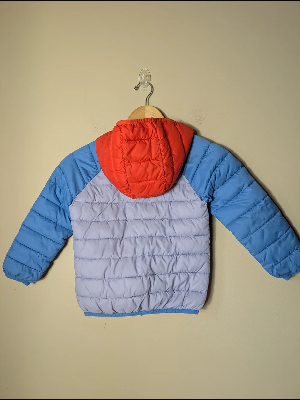 Mini Boden Lavender Body Blue Sleeves Puffer Jacket with Red Trim Size 5/6